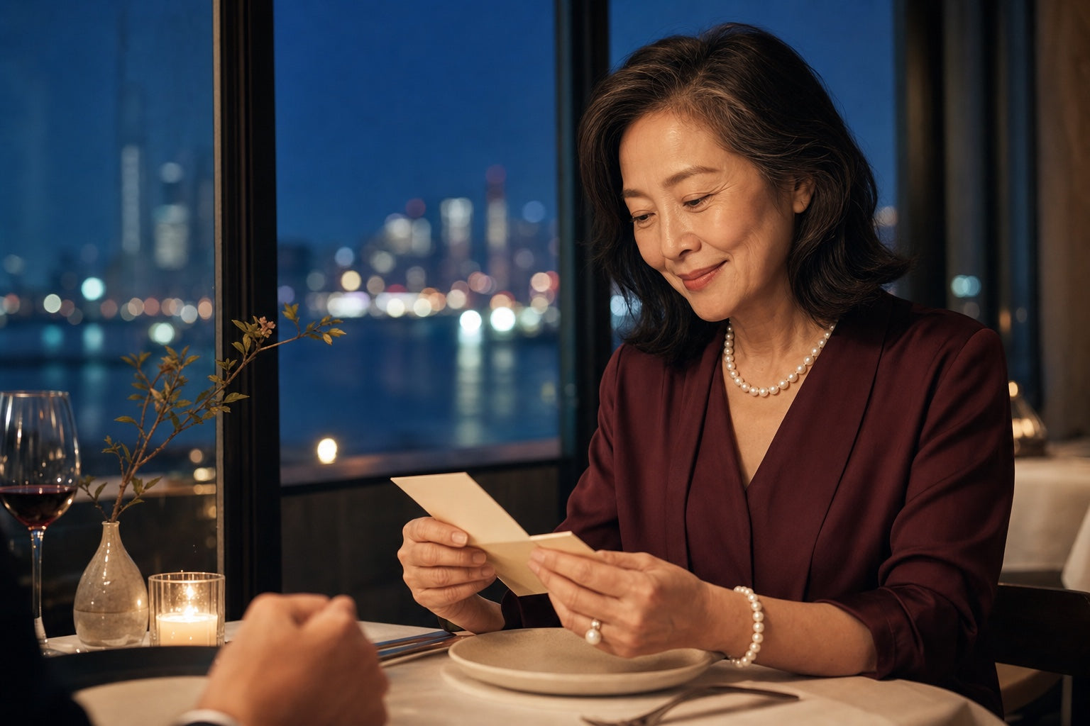 Mature woman wearing a pearl strand and bracelet during an anniversary dinner