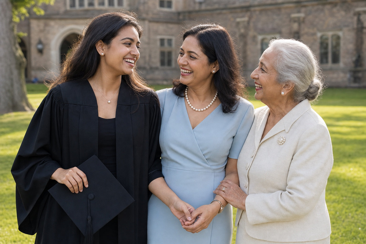 Three generations celebrating a graduation while wearing different pearl jewellery