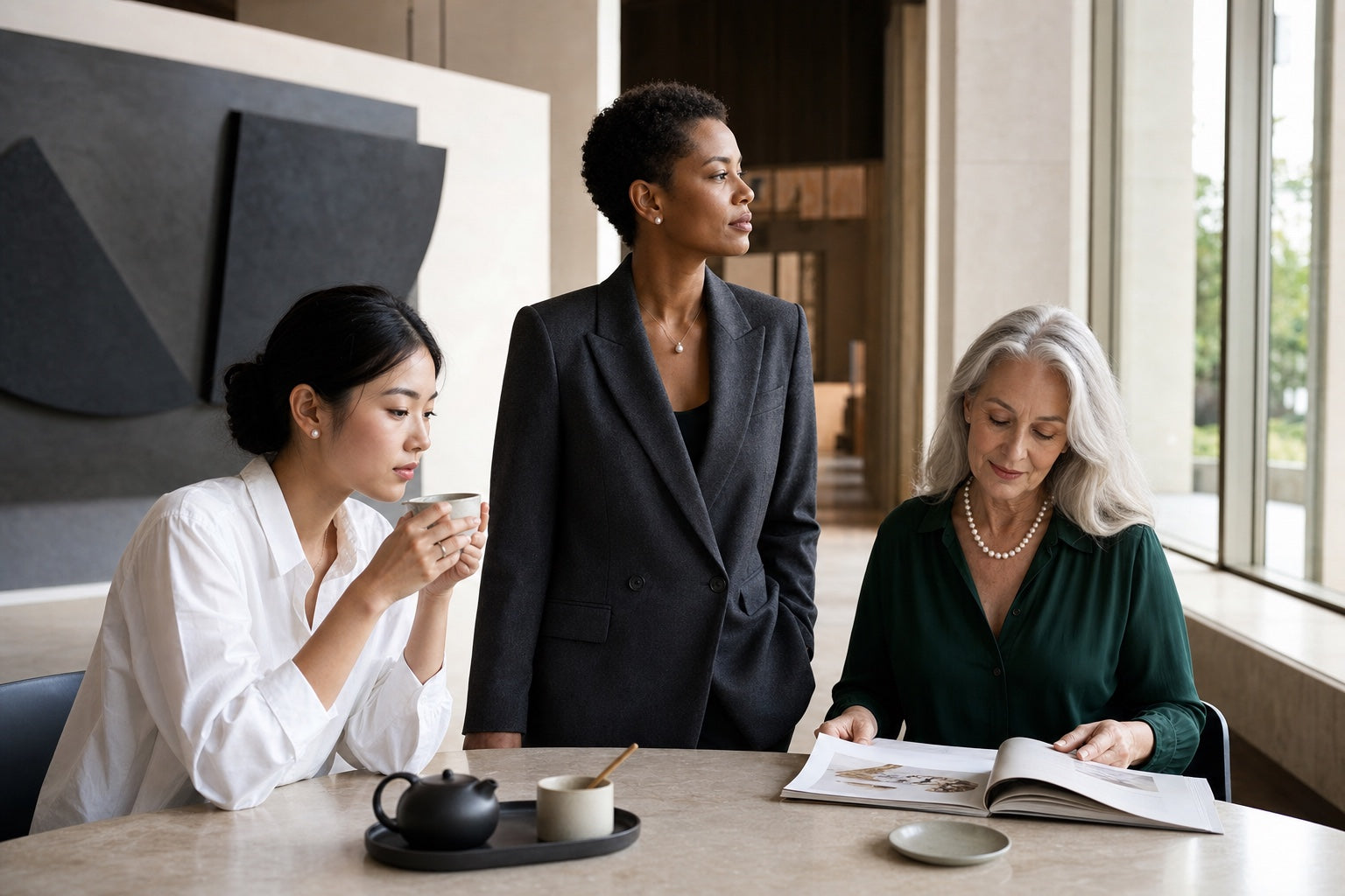 Women of different ages wearing pearl jewellery in a contemporary gallery workspace