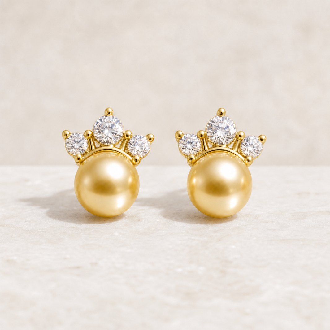 Crown Golden South Sea Pearl Stud Earrings