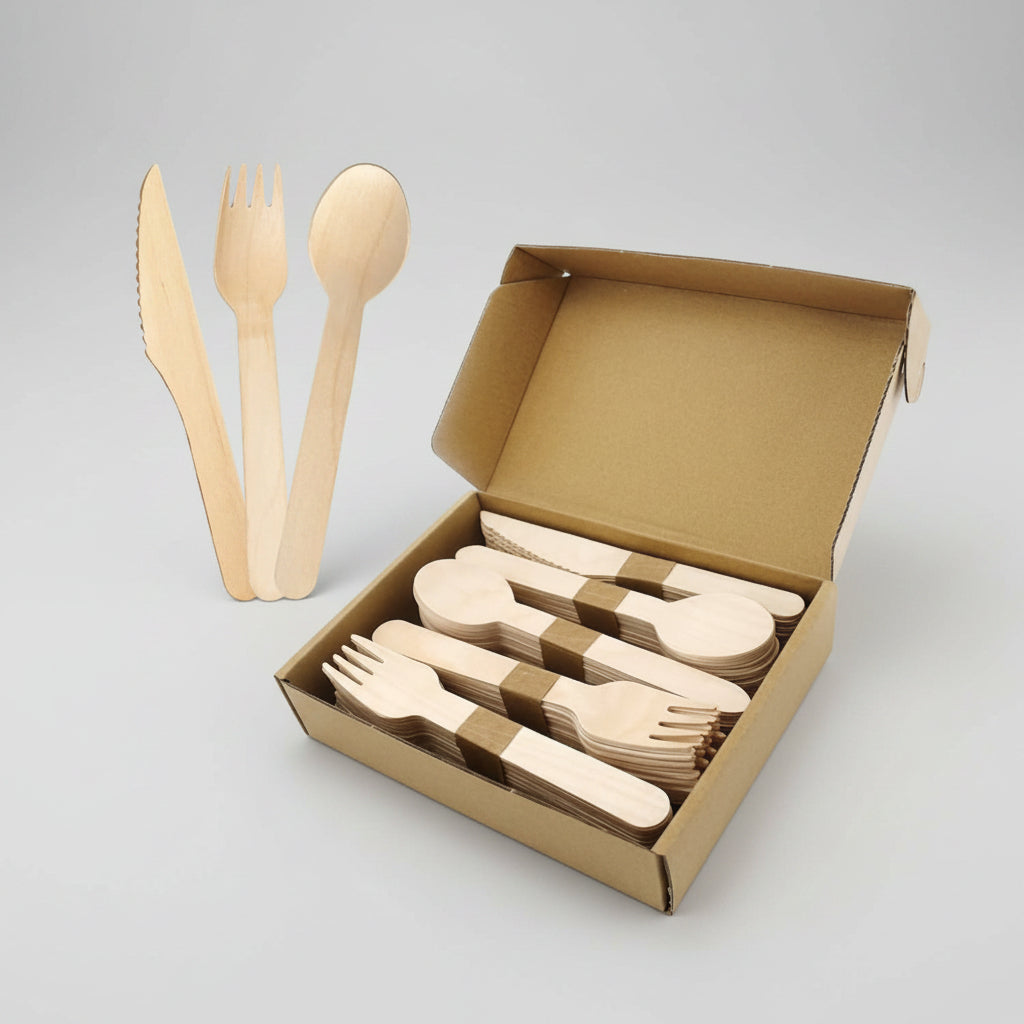 Set of wooden cutlery including knife, fork, and spoon with a cardboard box on a white background.