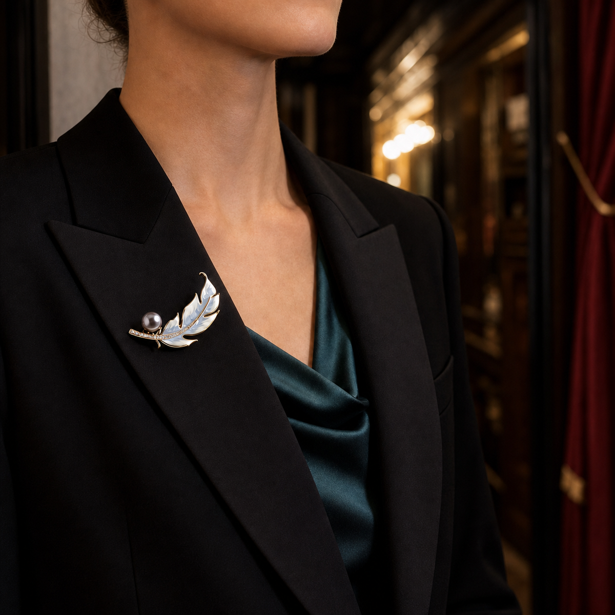 Plume 8-9mm Dark Freshwater Pearl Feather Brooch
