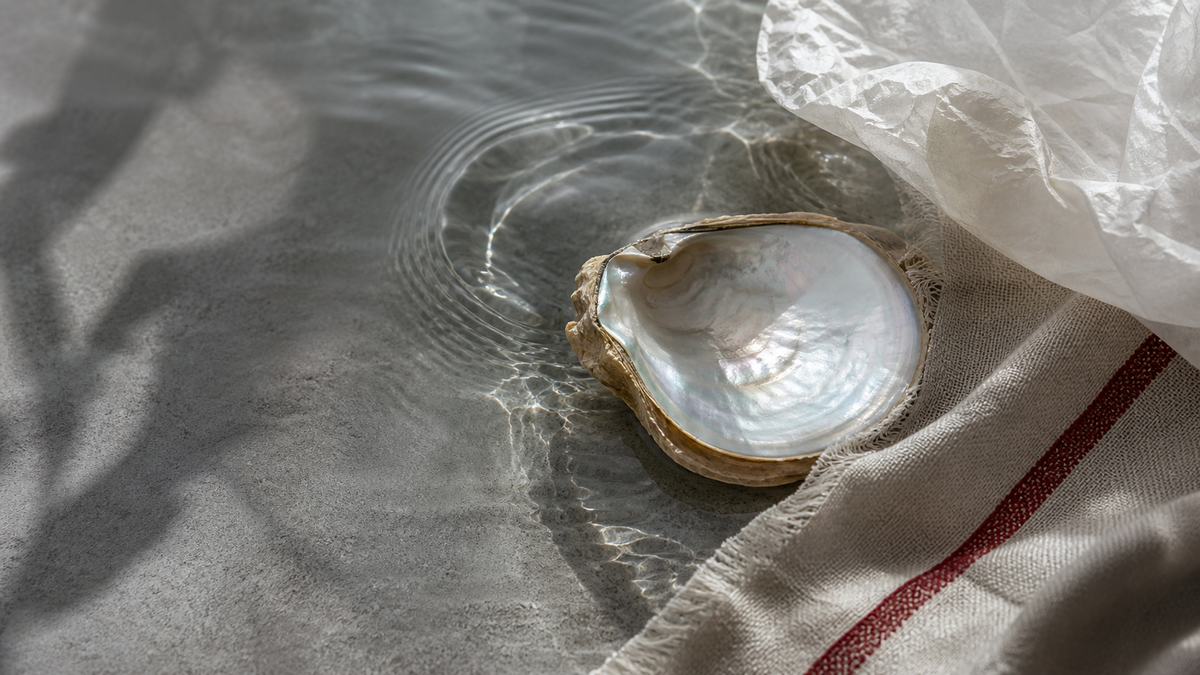 VARI brand story with oyster shell, water and woven textile