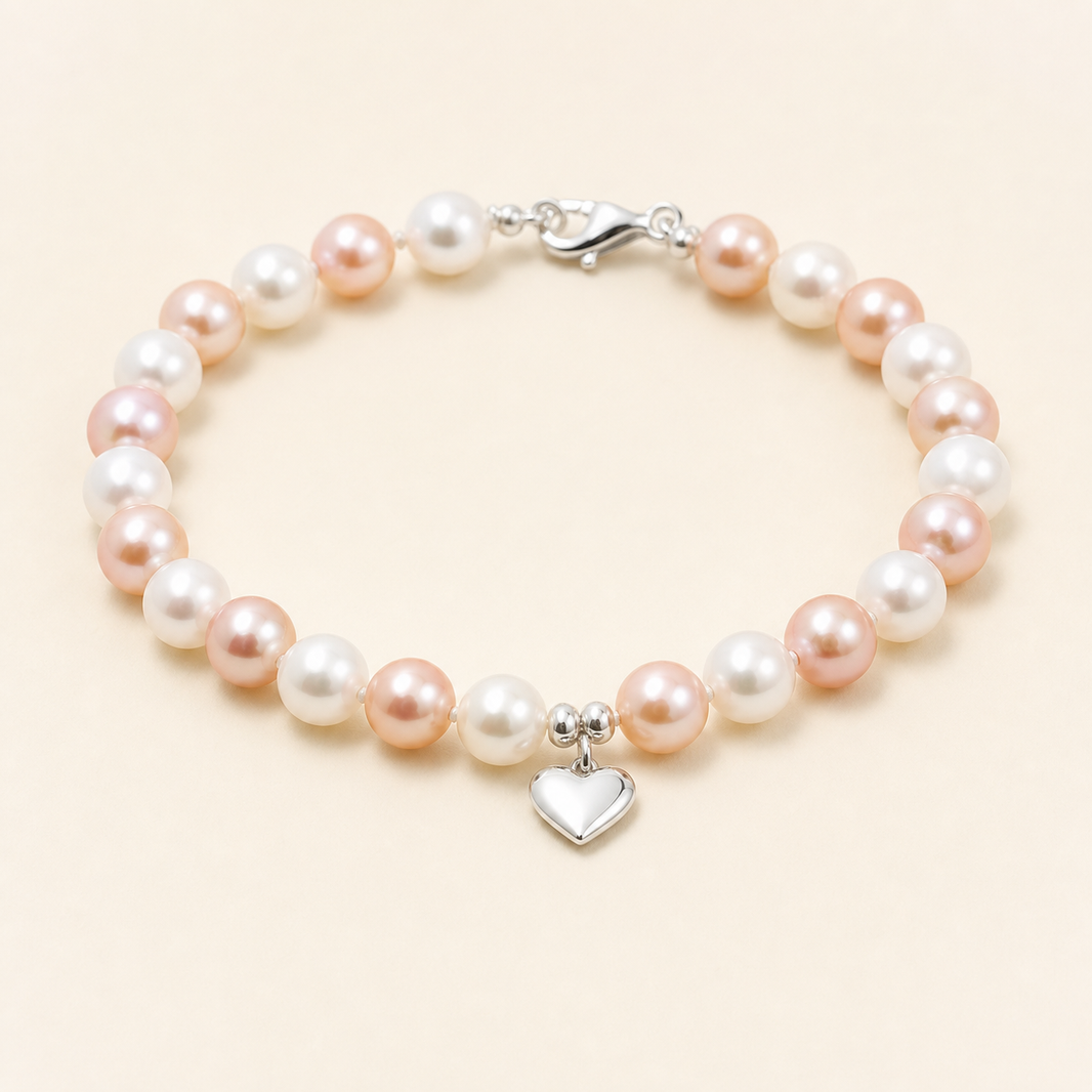 Amora 7-8mm white and rose freshwater pearl heart charm bracelet product view
