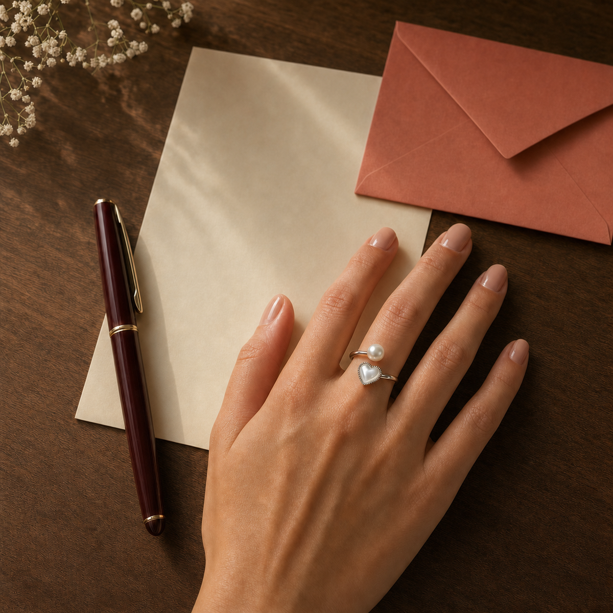 Amour Heart open ring with 6-7mm white freshwater pearl and mother-of-pearl