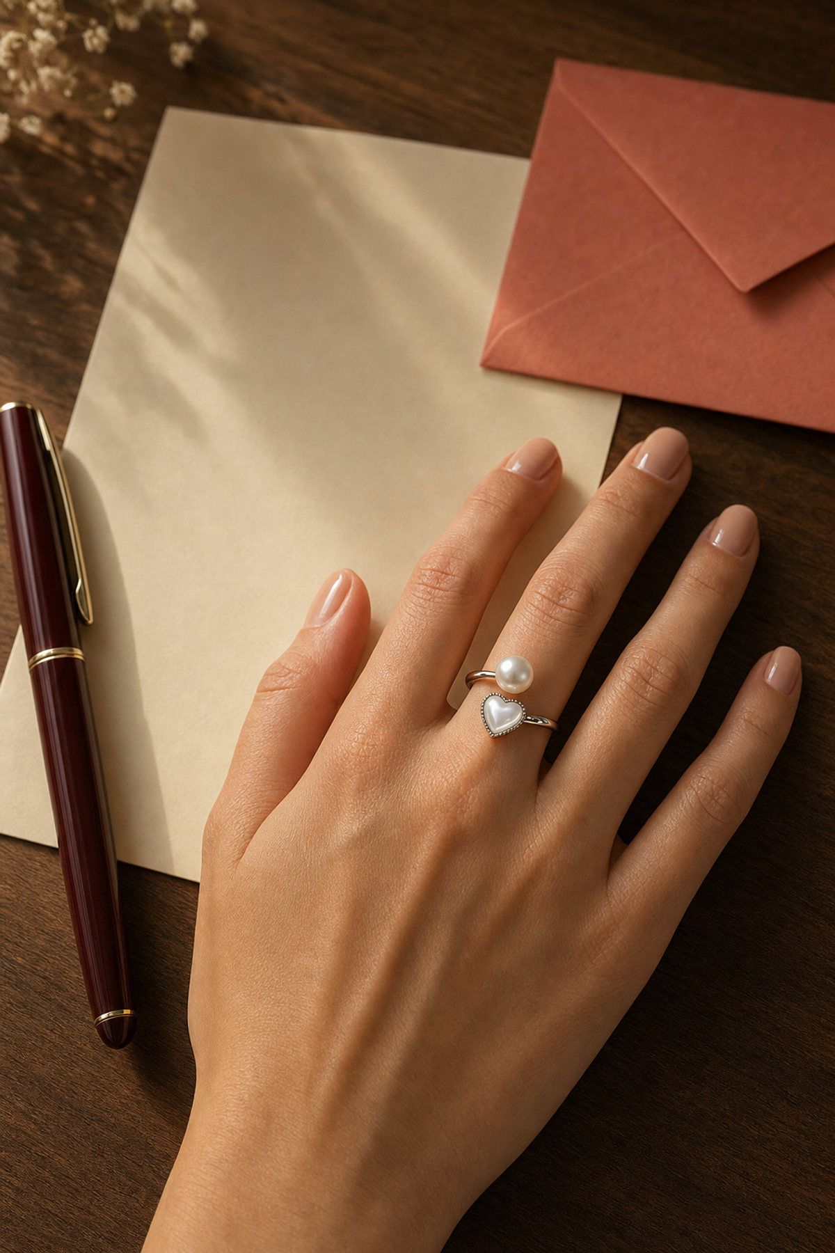 Amour Heart Mother-of-Pearl & Japanese Akoya Pearl Open Ring worn in a lifestyle setting