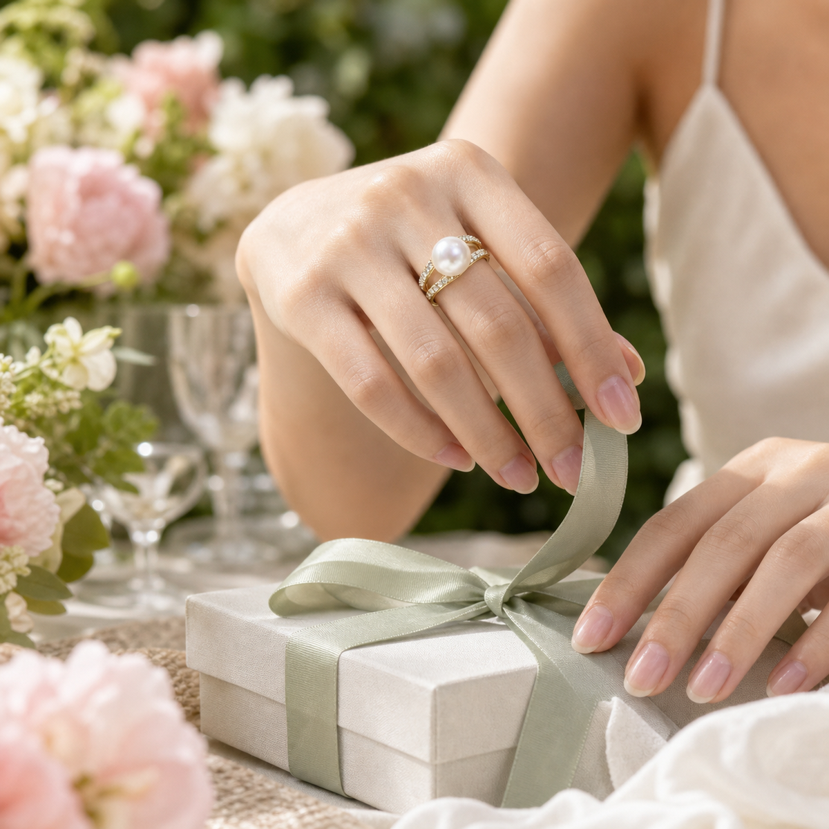 VARI Arcadia Australian White South Sea Pearl Double-V Accent Ring styled lifestyle wearing view