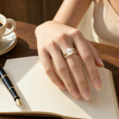 VARI Arcadia Freshwater Pearl Double-V Accent Ring styled lifestyle wearing view