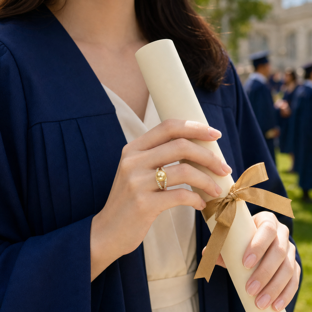 VARI Arcadia Golden South Sea Pearl Double-V Accent Ring styled lifestyle wearing view