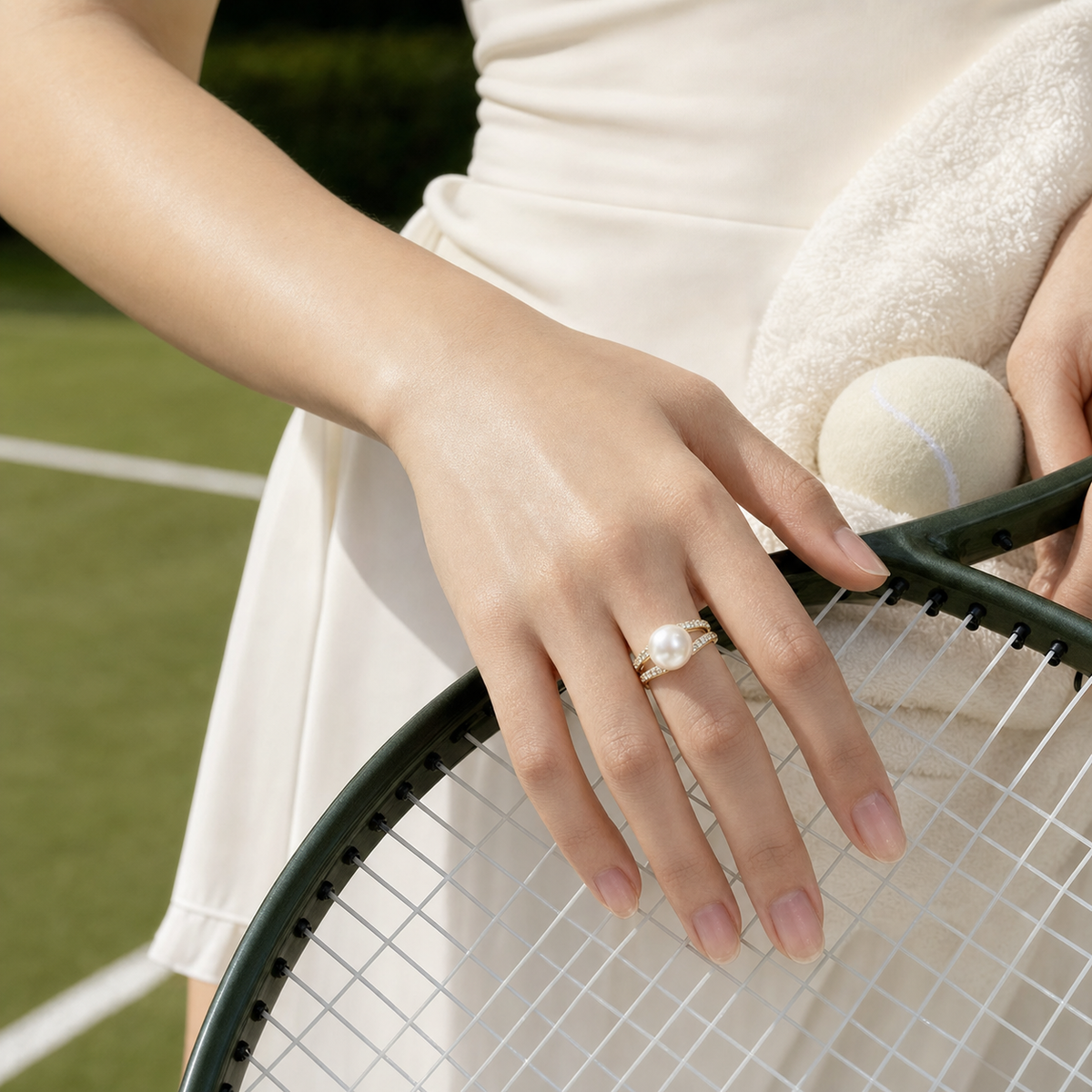 VARI Arcadia Japanese Akoya Pearl Double-V Accent Ring styled lifestyle wearing view