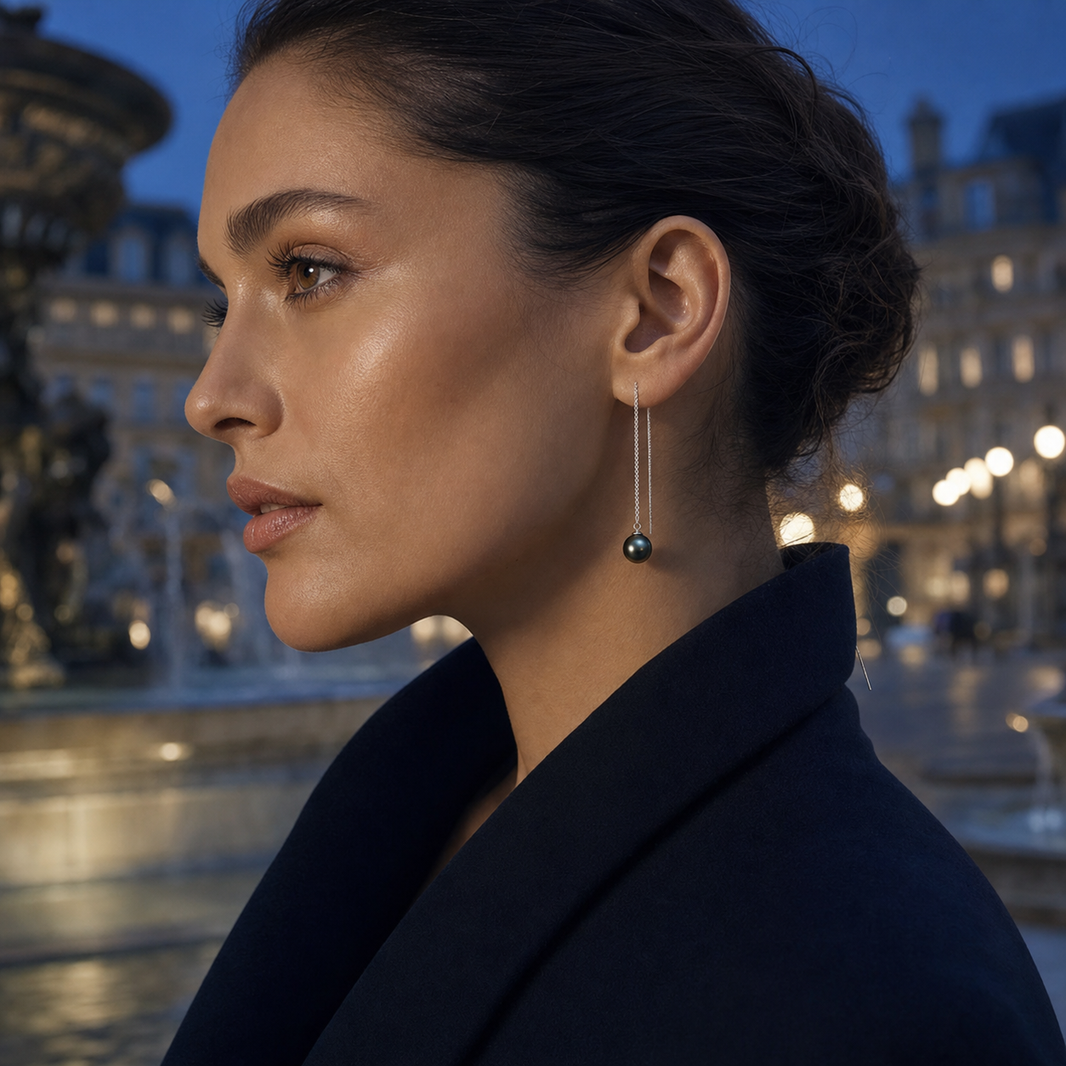 VARI Asteria Threader Tahitian South Sea Pearl Earrings styled lifestyle wearing view