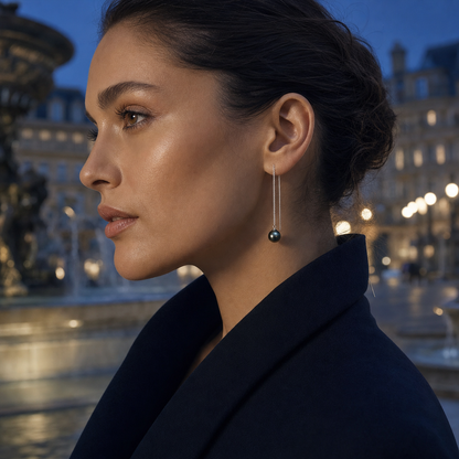 VARI Asteria Threader Tahitian South Sea Pearl Earrings styled lifestyle wearing view