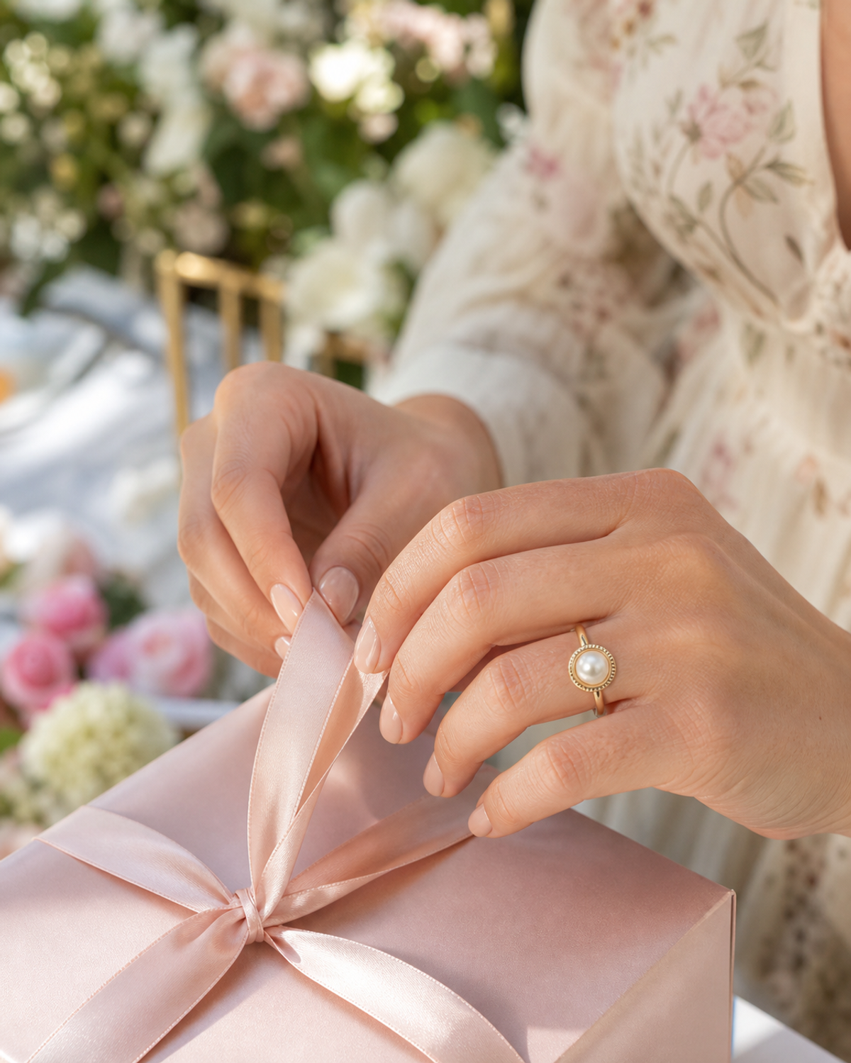 Aureole Freshwater Pearl Medallion Ring worn in a lifestyle setting