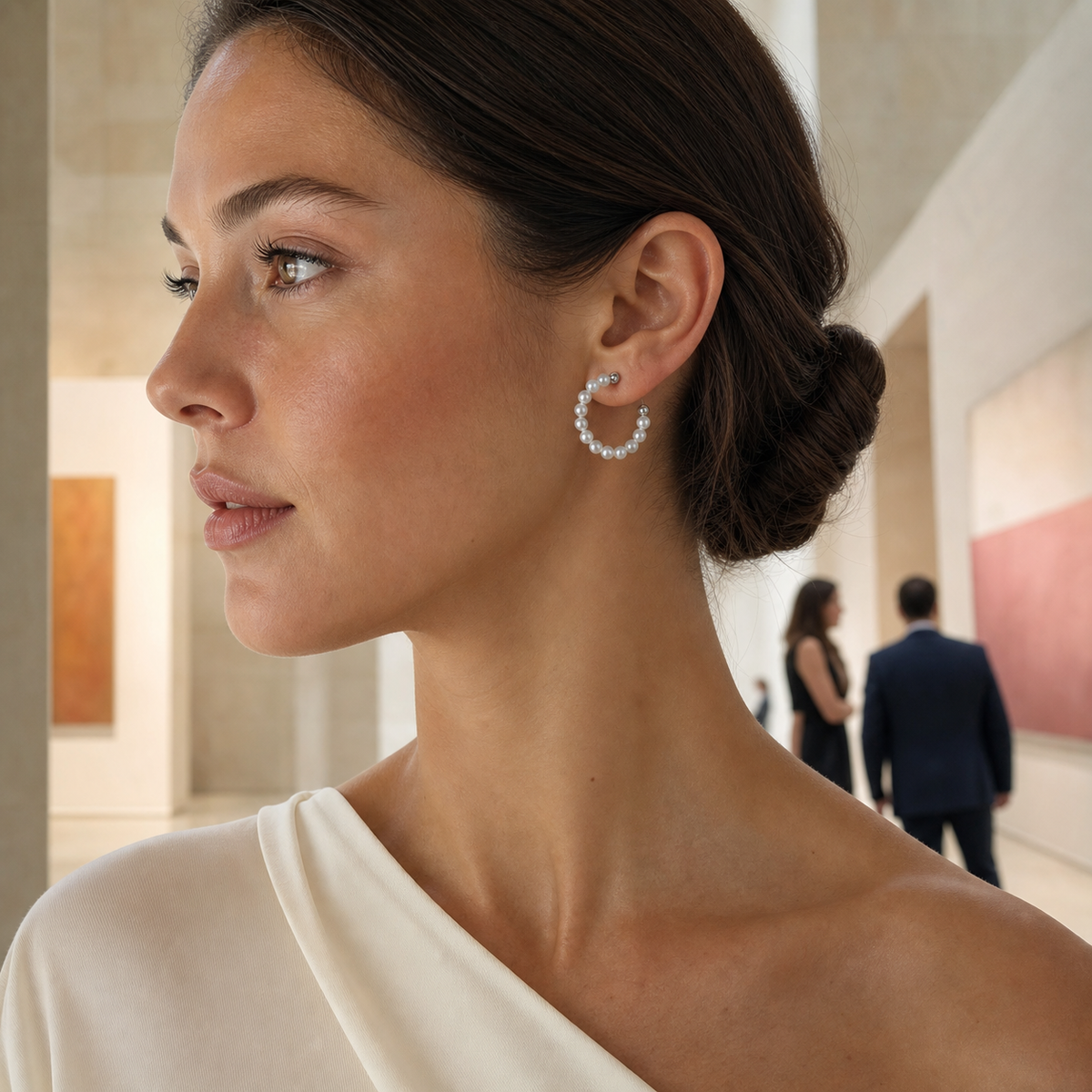 VARI Baby Pearl Australian White South Sea Pearl Earrings styled lifestyle wearing view