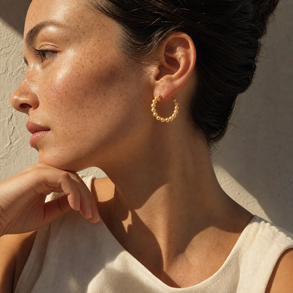 VARI Baby Pearl Golden South Sea Pearl Earrings styled lifestyle wearing view