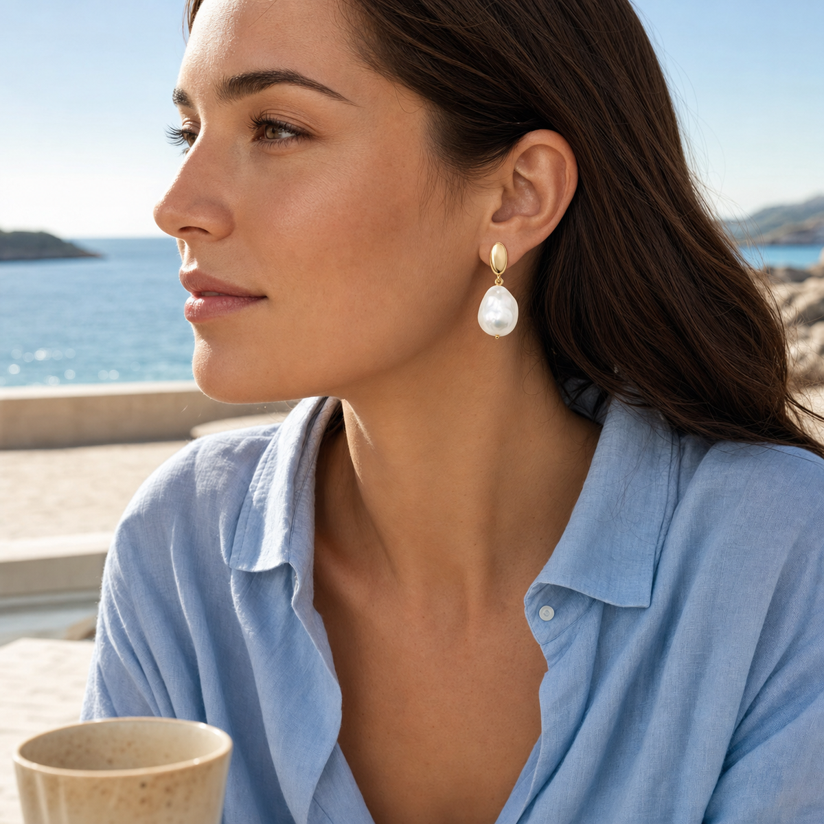 VARI Baroque Australian White South Sea Pearl Earrings styled lifestyle wearing view