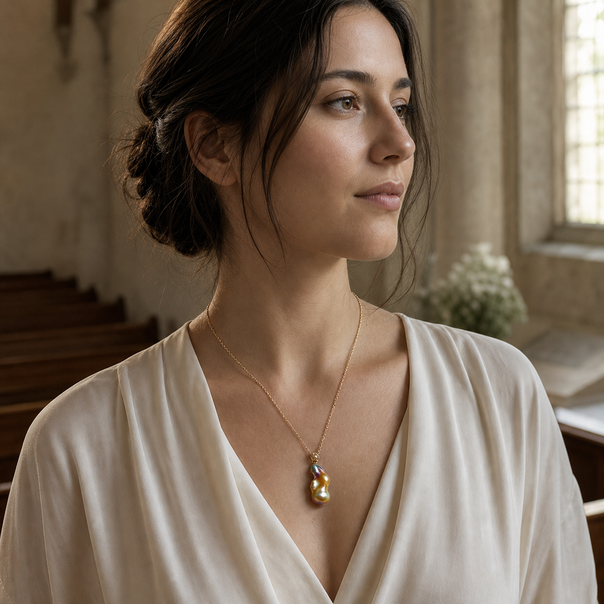 VARI Baroque Freshwater Pearl Pendant in a quiet chapel setting