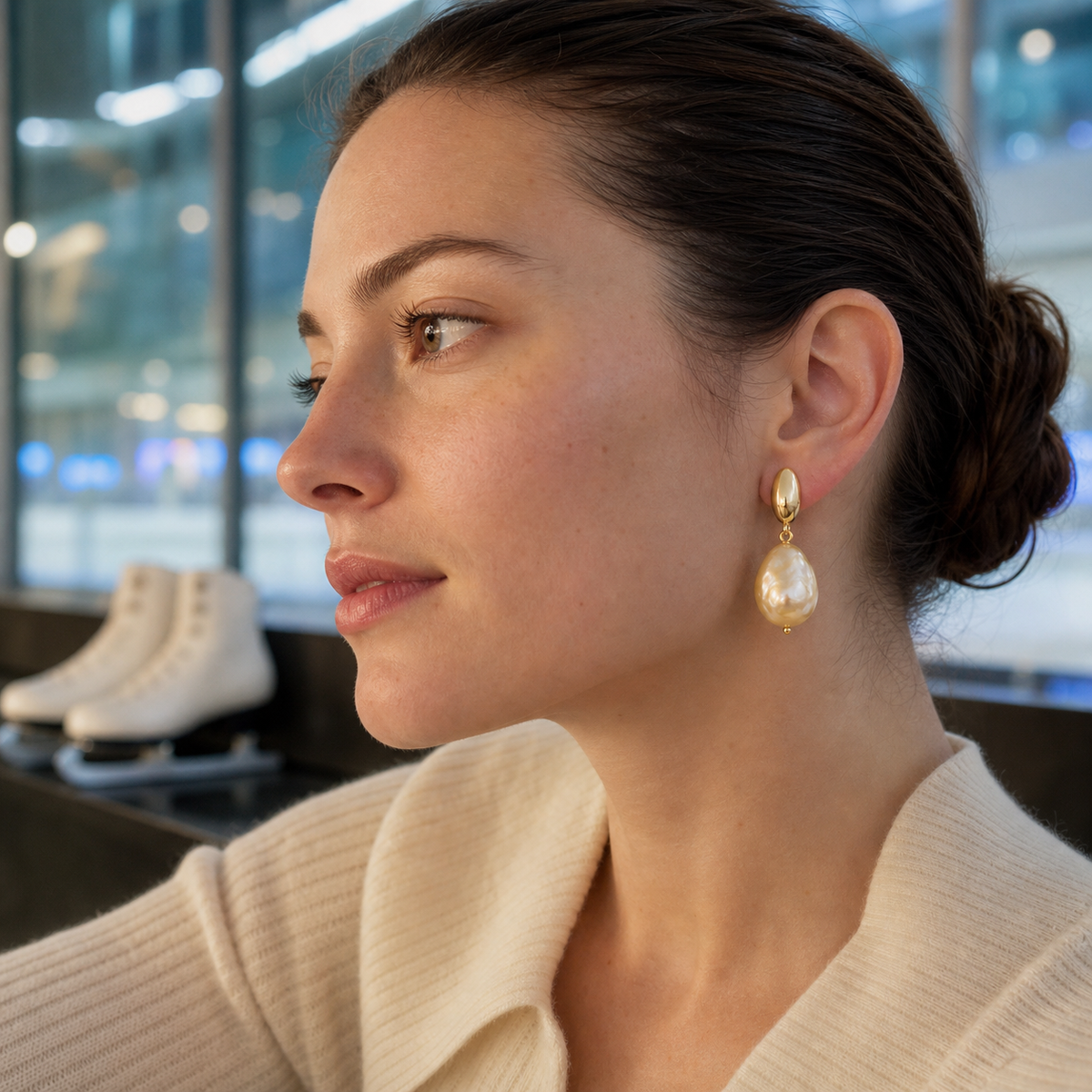 VARI Baroque Golden South Sea Pearl Earrings styled lifestyle wearing view