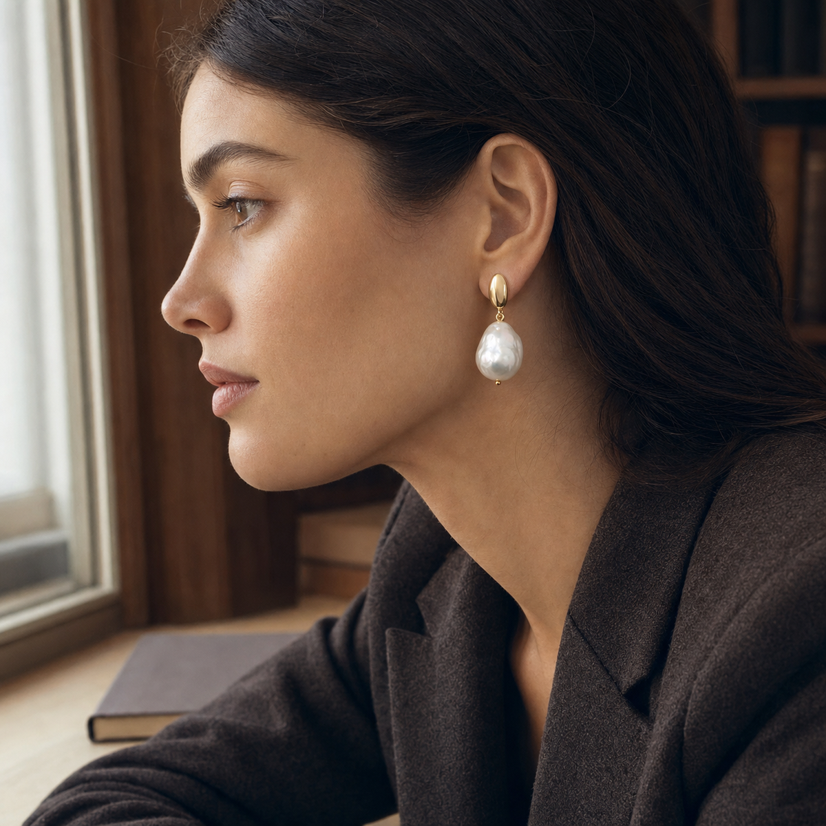 VARI Baroque Japanese Akoya Pearl Earrings styled lifestyle wearing view