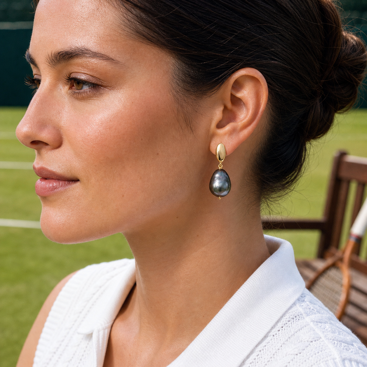 VARI Baroque Tahitian South Sea Pearl Earrings styled lifestyle wearing view