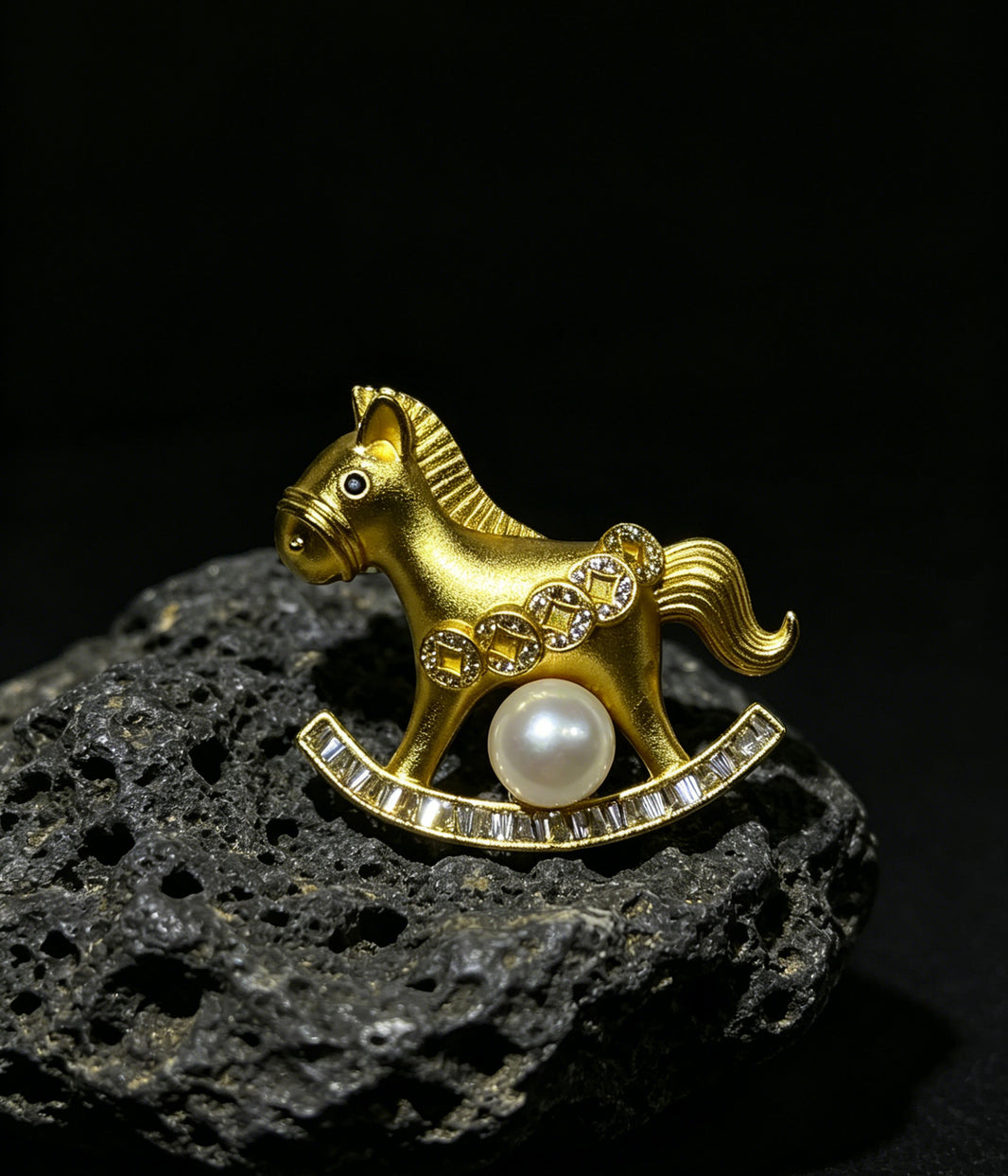 Carousel white freshwater pearl rocking horse brooch
