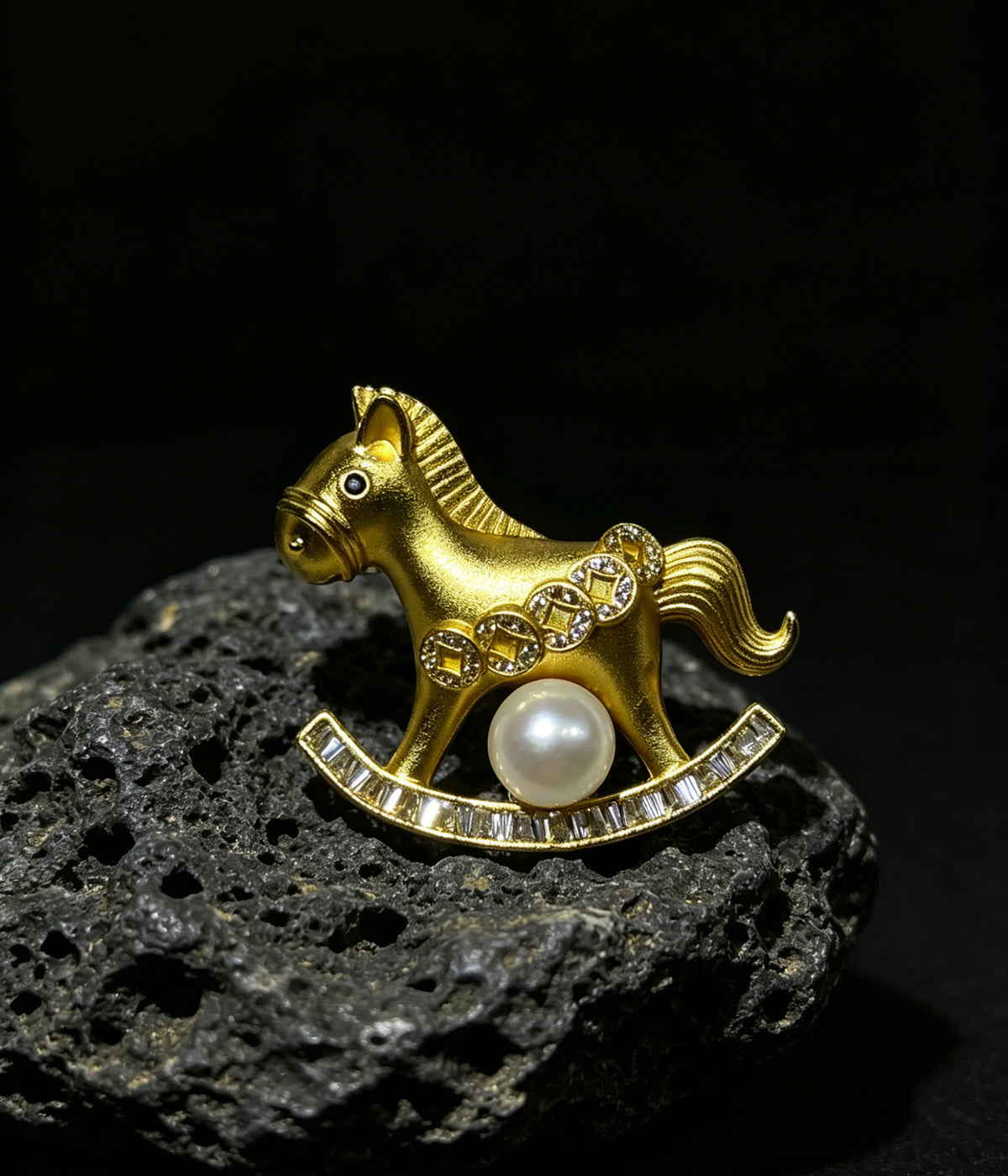 Carousel white freshwater pearl rocking horse brooch