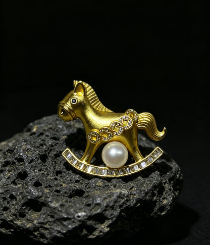 Carousel white freshwater pearl rocking horse brooch