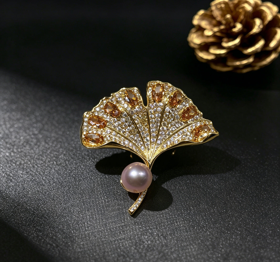 Ginkgo Rose lavender pink freshwater pearl fan brooch