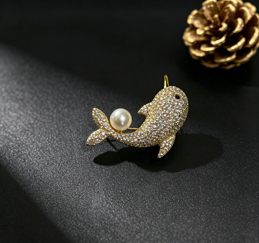 Marina white freshwater pearl whale brooch