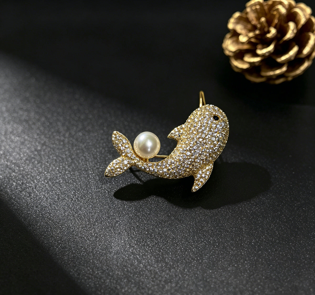 Marina white freshwater pearl whale brooch