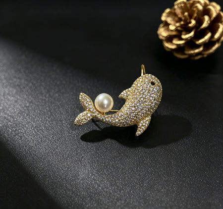 Marina white freshwater pearl whale brooch