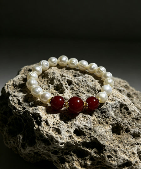 Crimson red accent and white pearl stretch bracelet product view