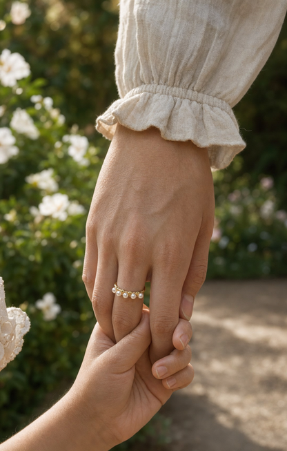 Cascade Five-Pearl Freshwater Pearl Ring worn in a lifestyle setting