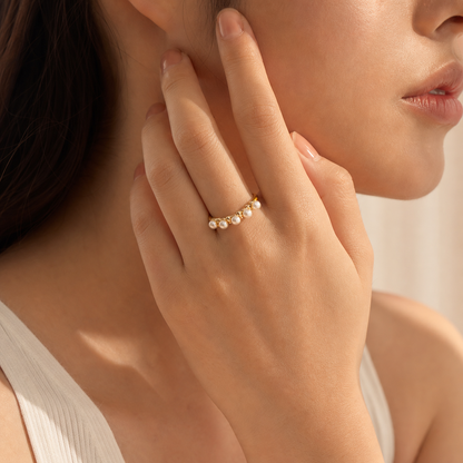 VARI Cascade Five-Pearl Japanese Akoya Pearl Ring styled lifestyle wearing view