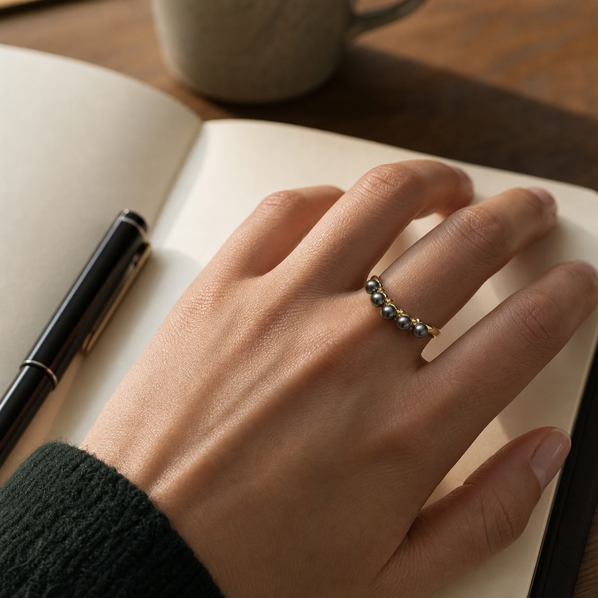 VARI Cascade Five-Pearl Tahitian South Sea Pearl Ring styled lifestyle wearing view
