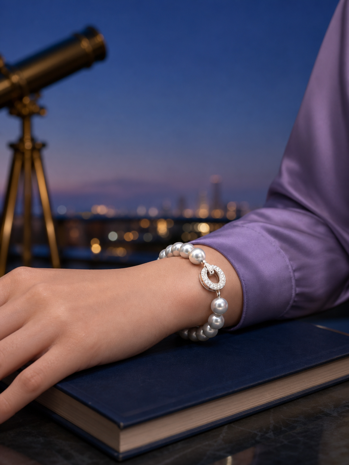 Celeste 8-9mm Gray Freshwater Pearl Statement Clasp Bracelet worn in a lifestyle setting