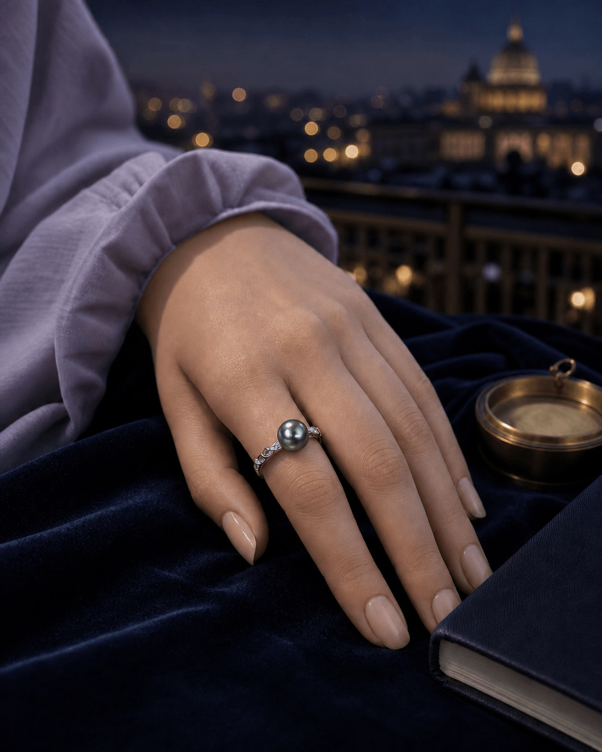 Celeste Tahitian South Sea Pearl Twisted Accent Ring worn in a lifestyle setting