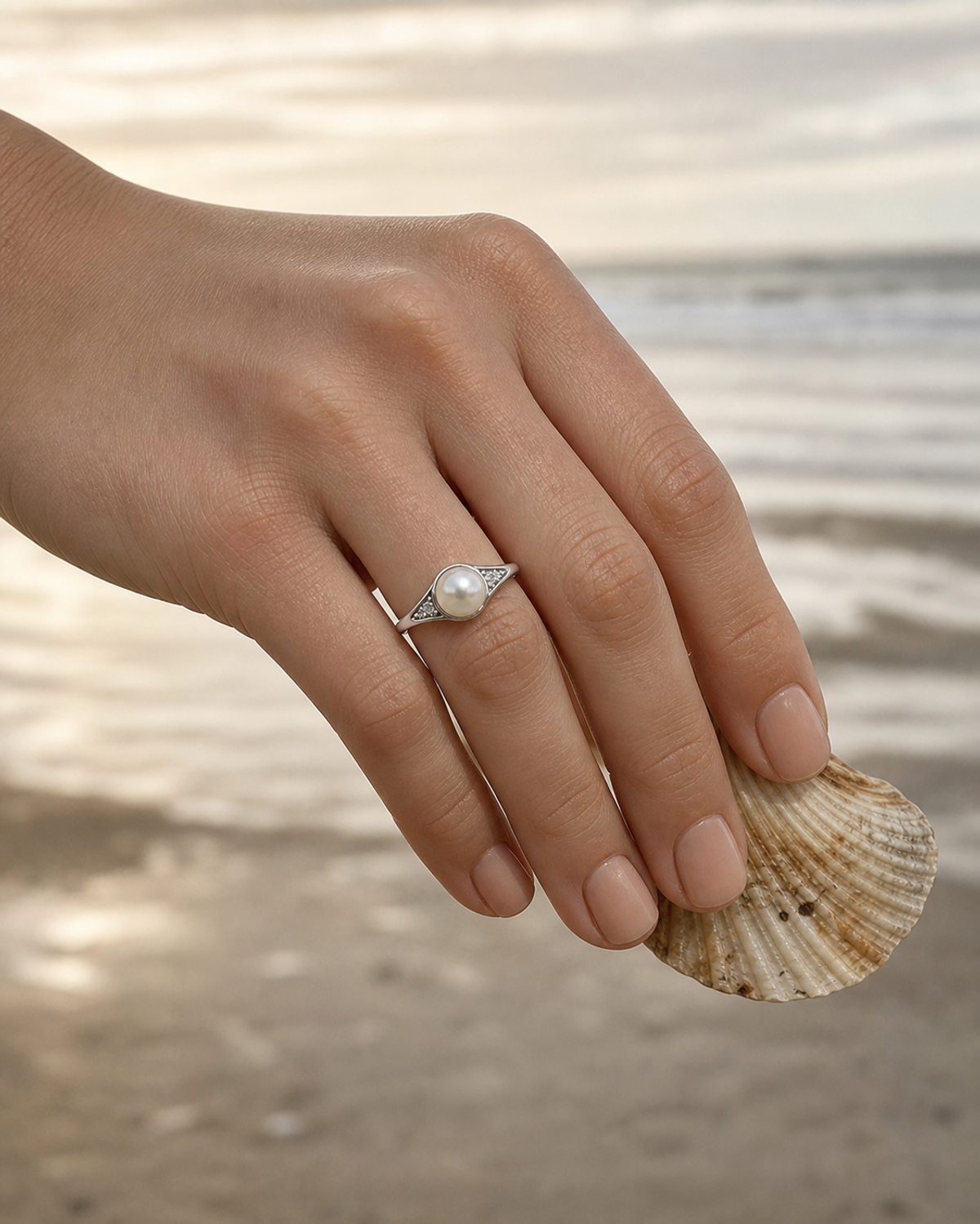 Chevron Freshwater Pearl Accent Ring worn in a lifestyle setting