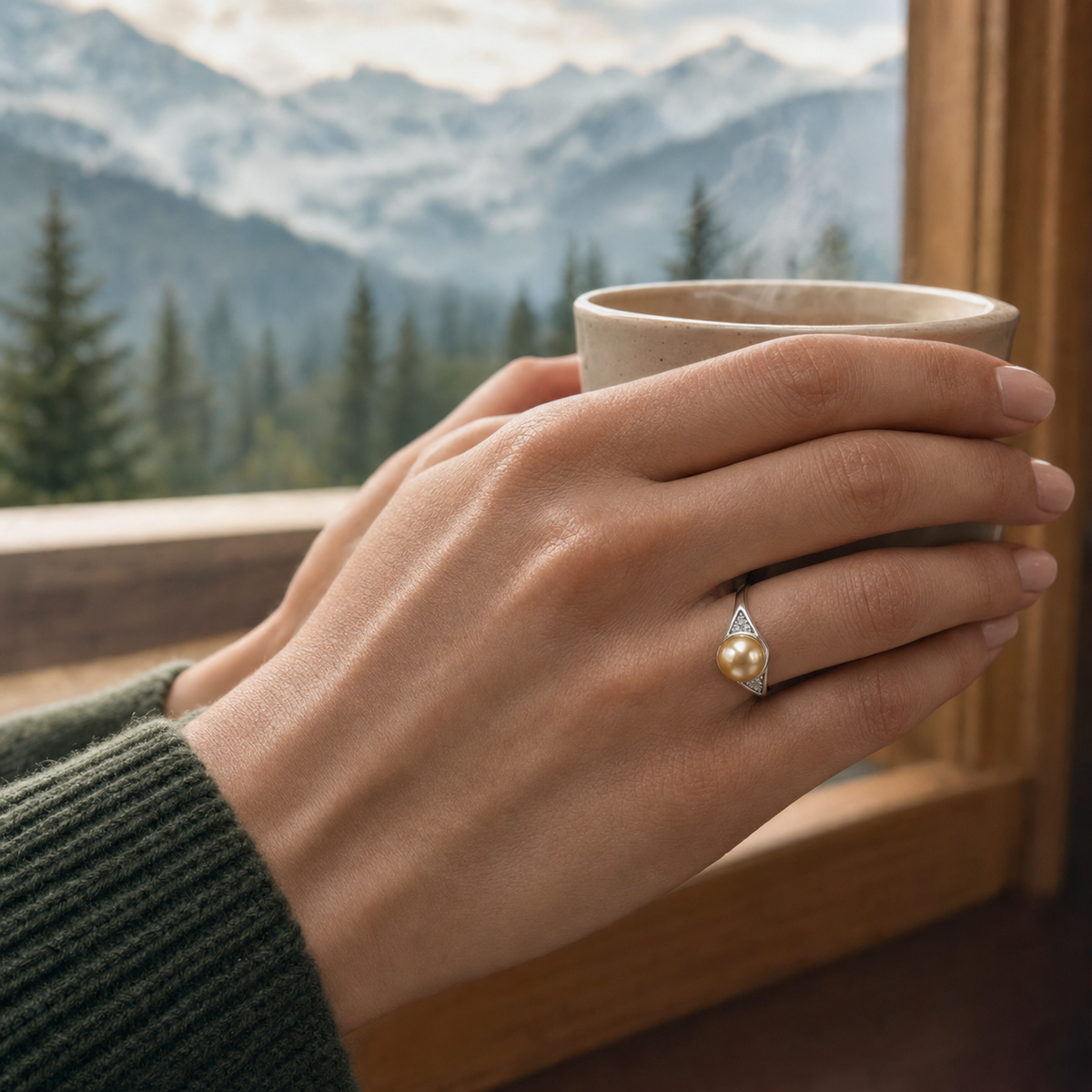 VARI Chevron Golden South Sea Pearl Accent Ring styled lifestyle wearing view