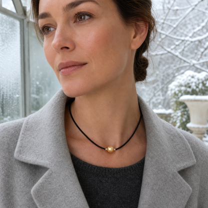 VARI Choker Golden South Sea Pearl Pendant styled lifestyle wearing view