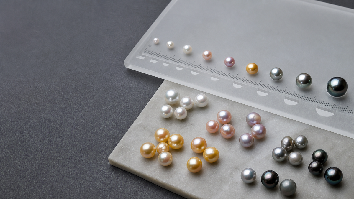 Loose cultured pearls compared by colour and size on a millimeter gauge