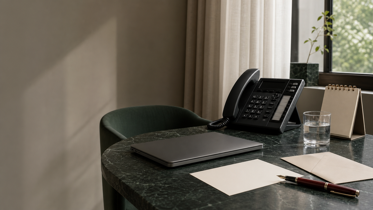 VARI client care desk with telephone and blank correspondence card