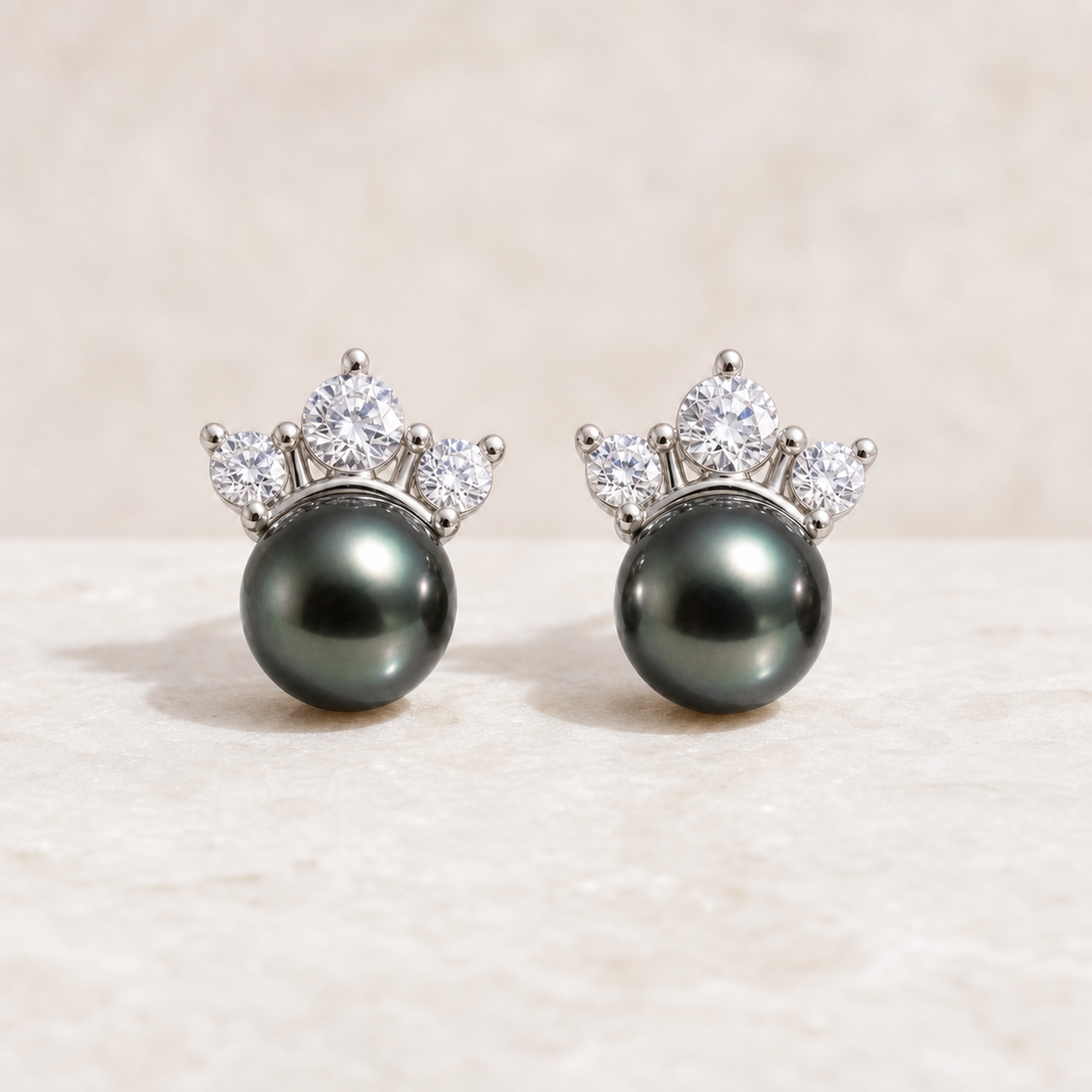 Crown Lagoon (Black) Tahitian South Sea pearl cubic zirconia stud earrings