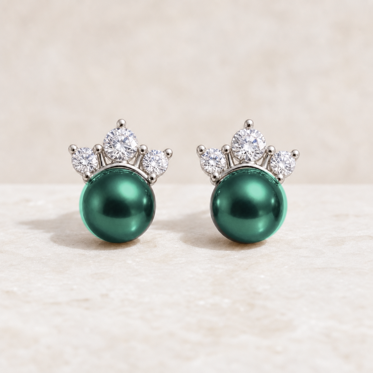 Crown Peacock Green Tahitian South Sea pearl cubic zirconia stud earrings
