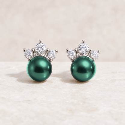 Crown Peacock Green Tahitian South Sea pearl cubic zirconia stud earrings