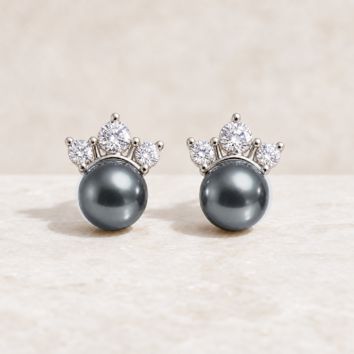 Crown Platinum Gray Tahitian South Sea pearl cubic zirconia stud earrings