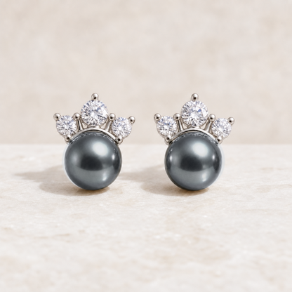 Crown Platinum Gray Tahitian South Sea pearl cubic zirconia stud earrings