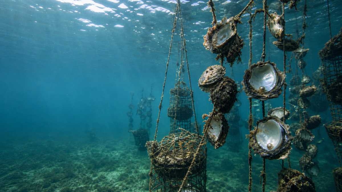 Underwater cultured pearl farm with oyster baskets and clean cultivation lines