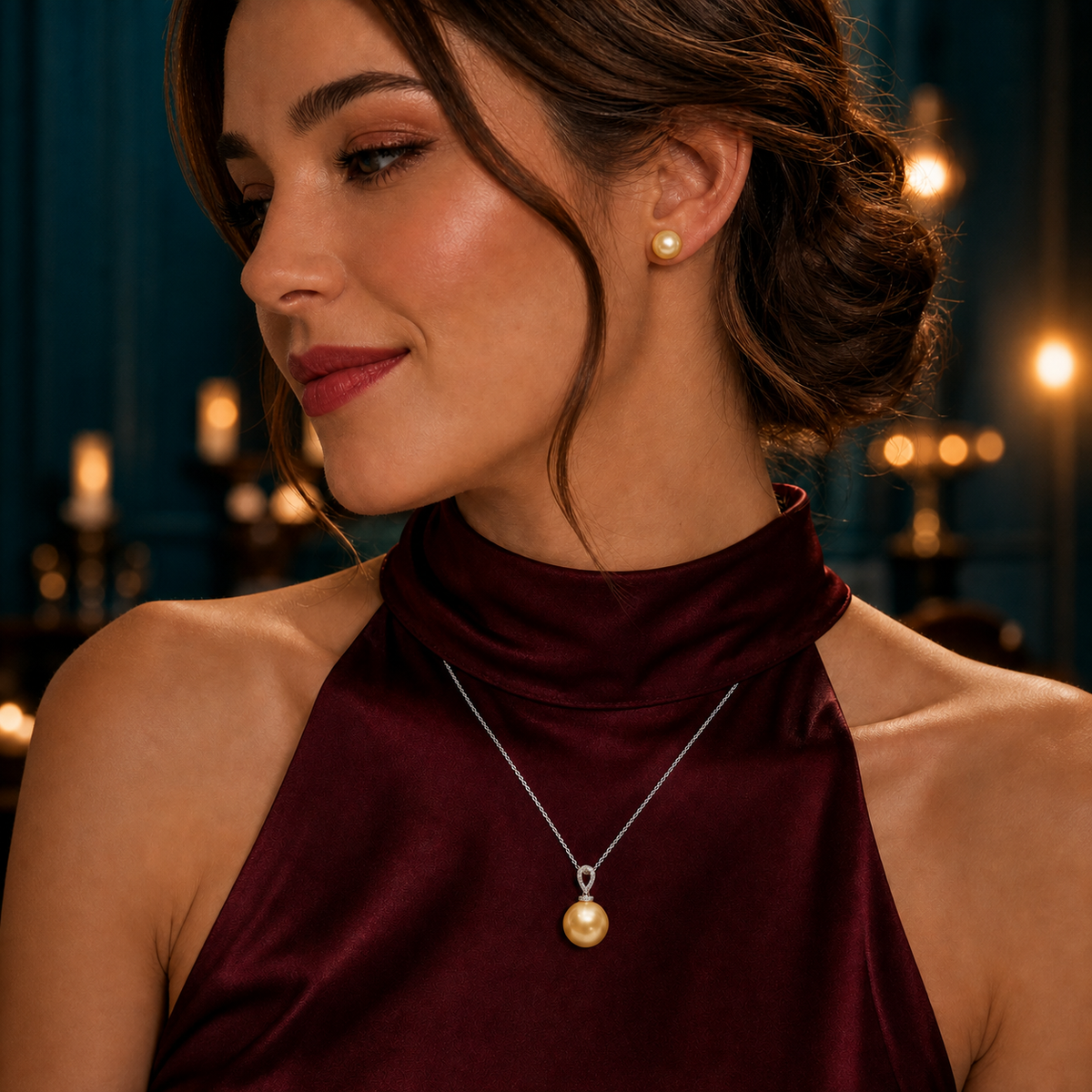 Diana 12-13mm Golden South Sea Pearl Pendant and Stud Earring Set