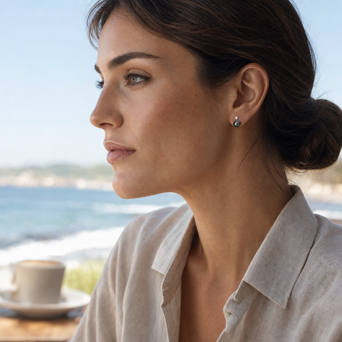 VARI Diana Tahitian South Sea Pearl Stud Earrings styled lifestyle wearing view